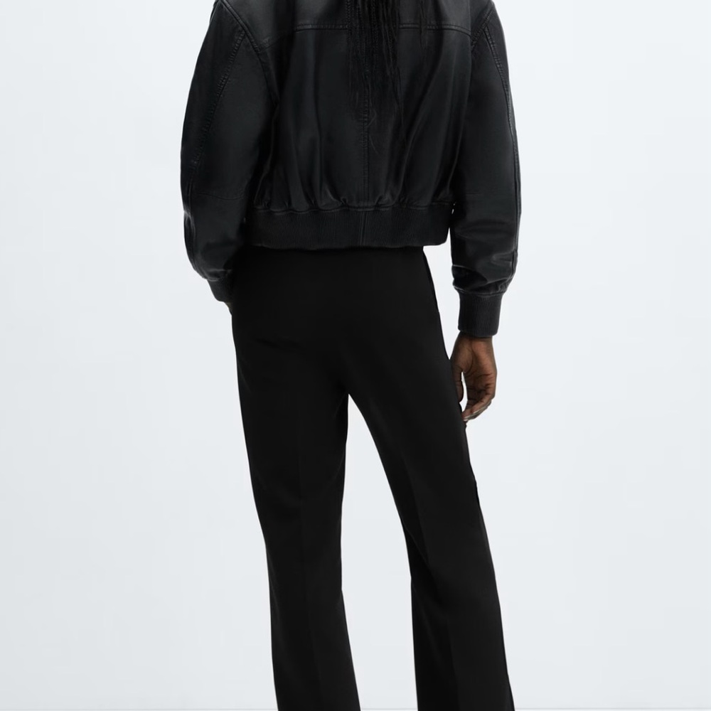 Mango Classic Black Leather Bomber Jacket - Picture 3 of 11